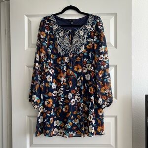As U Wish Navy Floral Dress with Embroidery